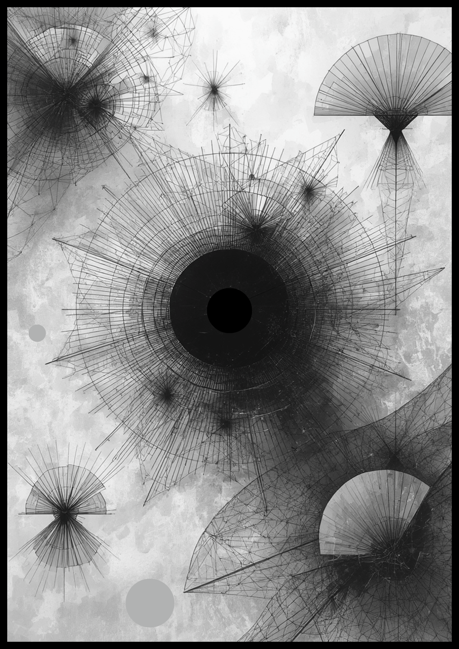 Monochrome digital art poster of Singularity Bloom with a central black void, radiating geometric lines, and cosmic abstract forms in grayscale.
