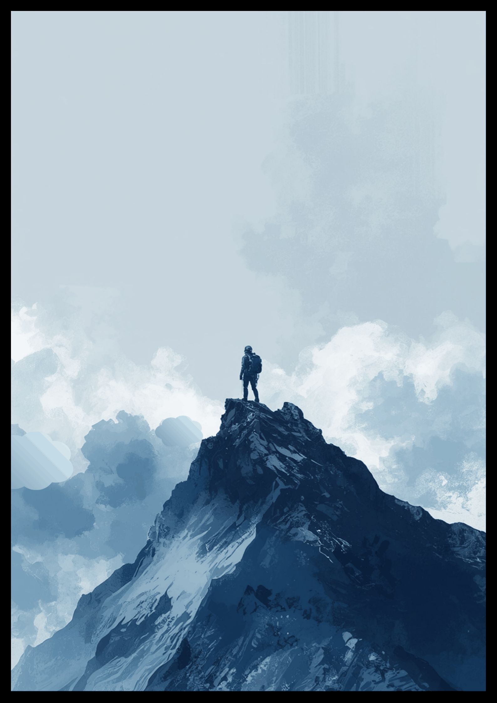Apexion minimalist mountain poster with lone explorer on snow-dusted peak and vast painterly clouds in muted blue-gray tones