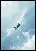 Driftfall minimalist sky poster featuring a lone figure drifting through soft blue clouds in a serene, dreamlike atmosphere