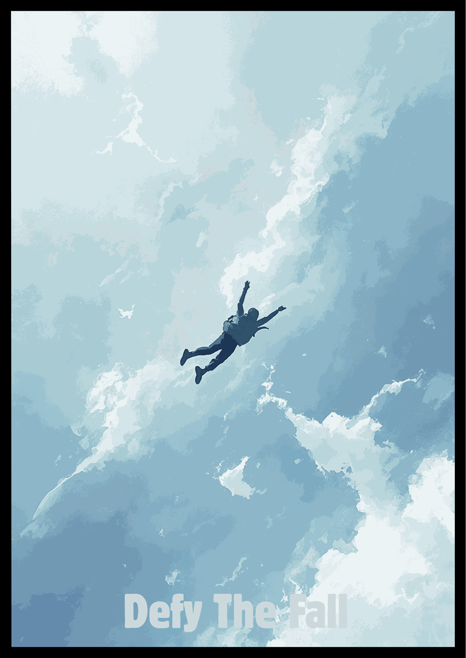 Driftfall minimalist sky poster featuring a lone figure drifting through soft blue clouds in a serene, dreamlike atmosphere