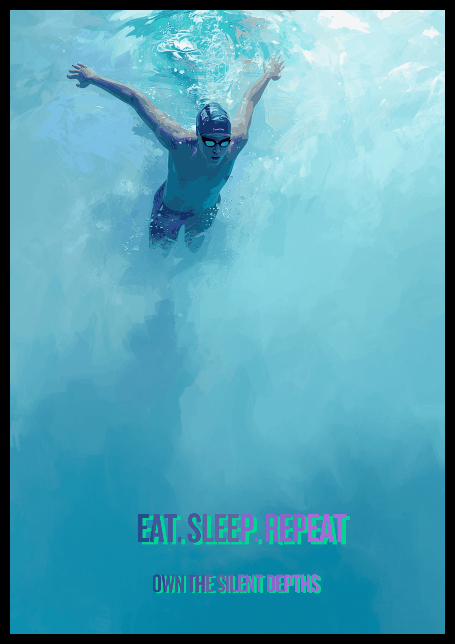 Minimalist swim poster titled Flowstate featuring a lone swimmer in tranquil blue water symbolizing flow and focus
