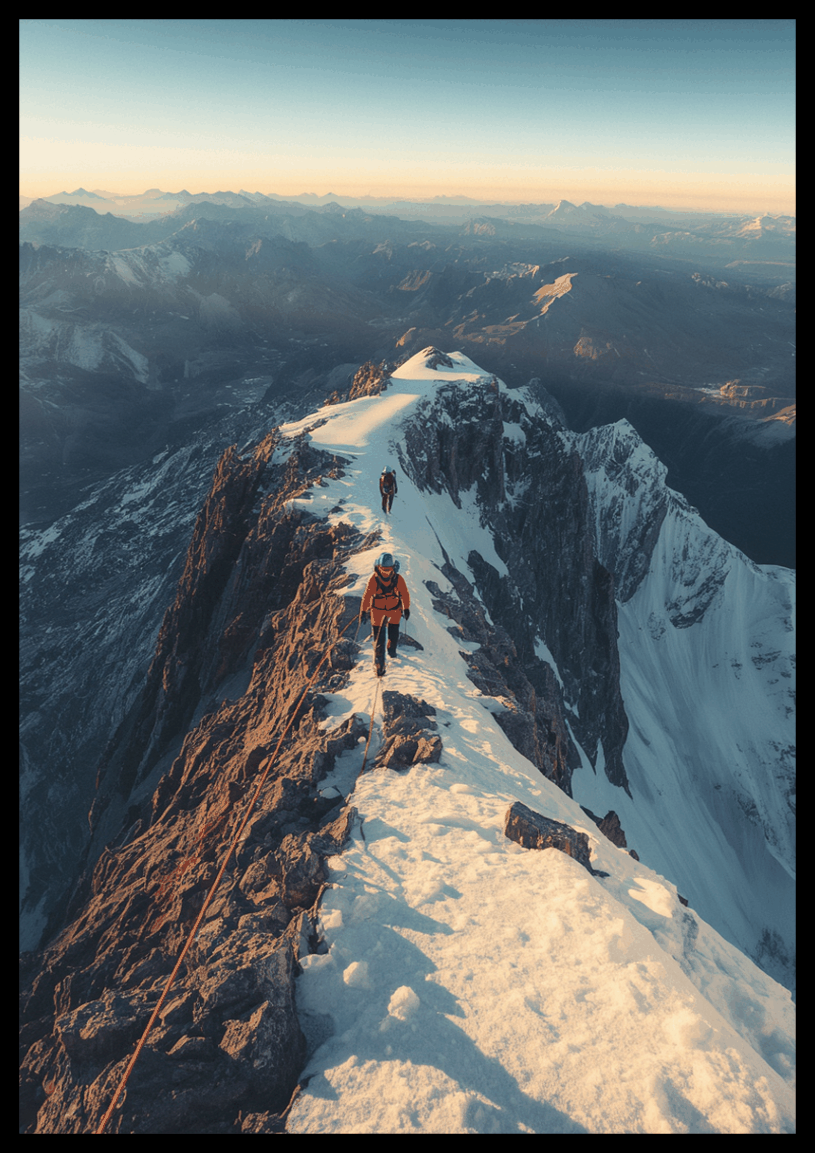 Two climbers ascending a snowy ridge at sunrise, Summit Ascent digital poster showcasing mountain adventure and exploration